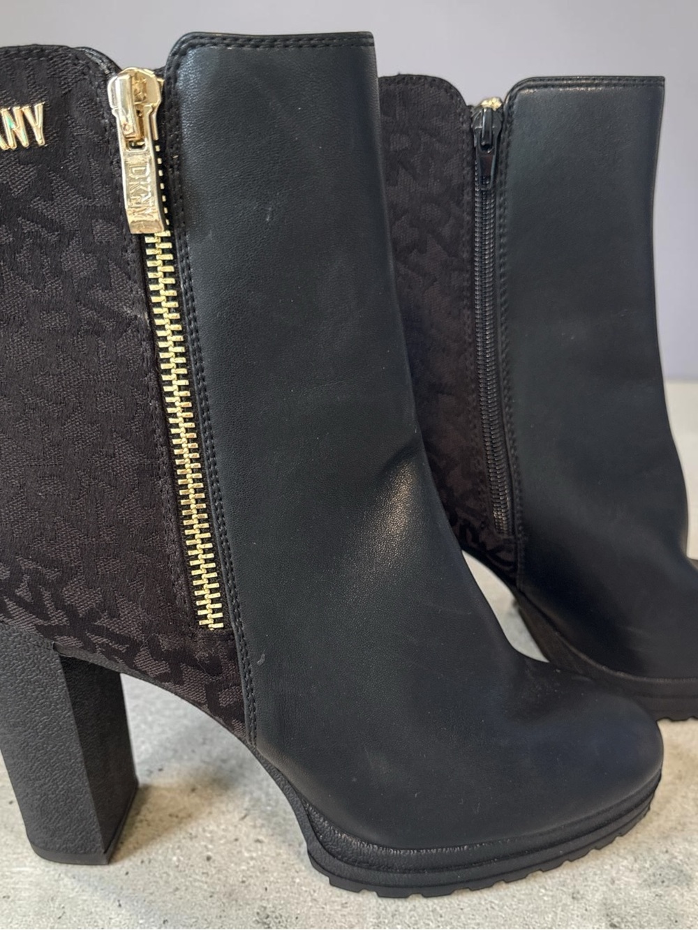 DKNY Black Leather & Monogram Ankle Booties with Gold Zipper